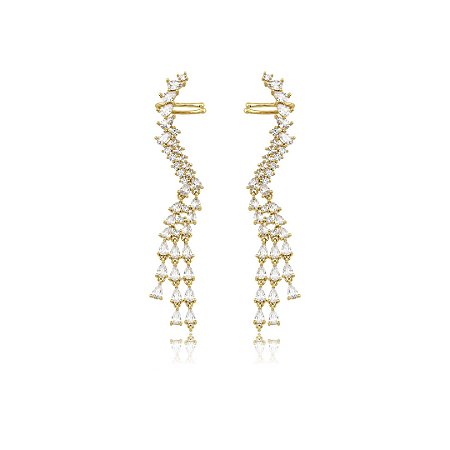 Brinco ear cuff de luxo cravejado de zircônia cristal banho em ouro 18k
