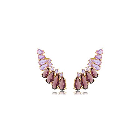 Brinco ear cuff de luxo cravejado de zircônia ametista banho em ouro 18k
