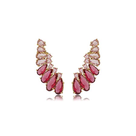 Brinco ear cuff de luxo cravejado de zircônia pink banho em ouro 18k