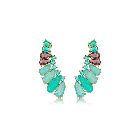 Brinco ear cuff de luxo cravejado de zircônia e com pedra fusion turmalina banho em ouro 18k
