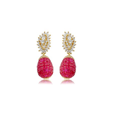 Brinco de luxo cravejado de zircônia cristal e pink banho em ouro 18k