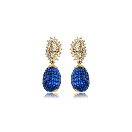 Brinco de luxo cravejado de zircônia cristal e safira banho em ouro 18k