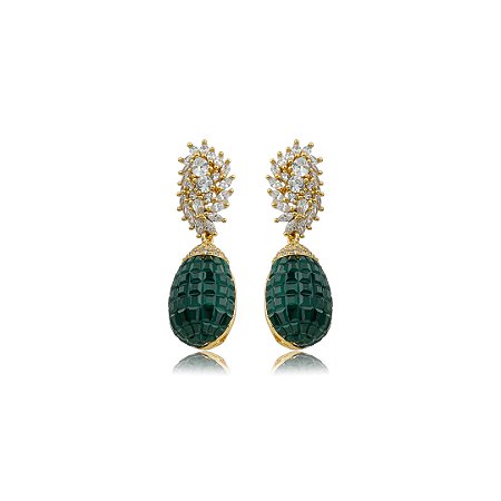 Brinco de luxo cravejado de zircônia cristal e esmeralda banho em ouro 18k