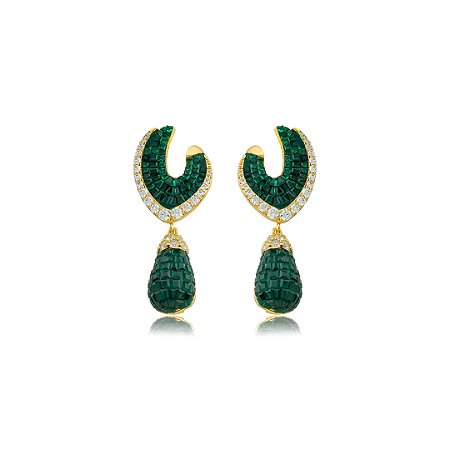 Brinco de luxo cravejado de zircônia cristal e esmeralda banho em ouro 18k