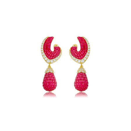 Brinco de luxo cravejado de zircônia cristal e pink banho em ouro 18k