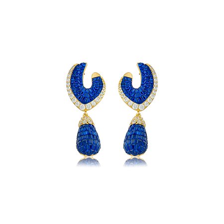 Brinco de luxo cravejado de zircônia cristal e safira banho em ouro 18k