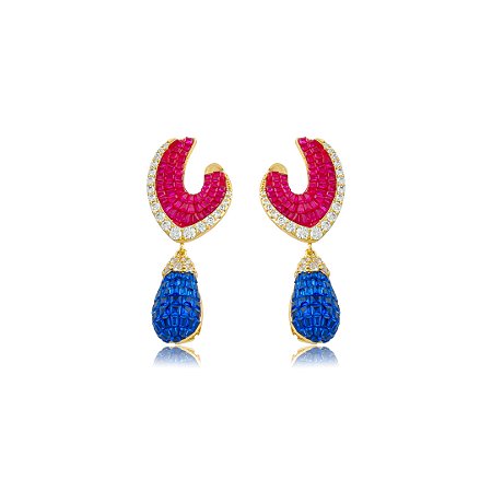 Brinco de luxo cravejado de zircônia cristal, pink e safira banho em ouro 18k
