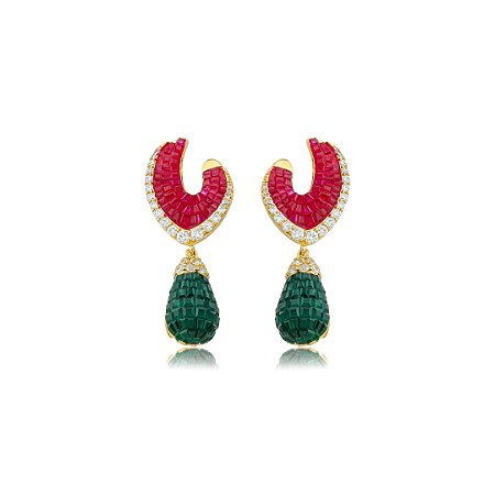 Brinco de luxo cravejado de zircônia cristal, pink e esmeralda banho em ouro 18k