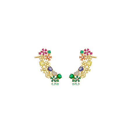 Brinco ear cuff de flor cravejado de zircônia colorida banho em ouro 18k