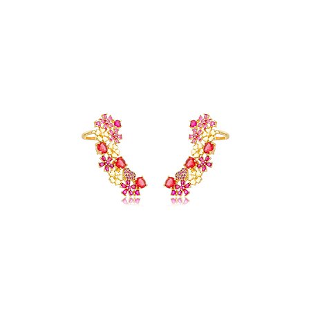 Brinco ear cuff de flor cravejado de zircônia pink banho em ouro 18k