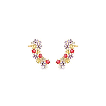 Brinco ear cuff de flor cravejado de zircônia rubi e ametista banho em ouro 18k