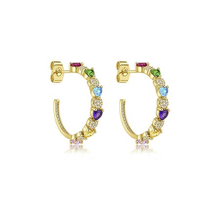 Brinco argola de coração cravejado de zircônia colorida banho em ouro 18k