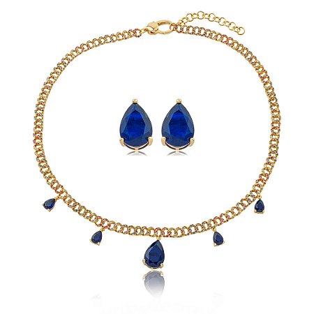 Conjunto luxo de brinco e colar cravejado de zircônia colorida com pedra fusion safira banho em ouro 18k