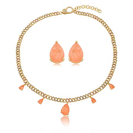 Conjunto luxo de brinco e colar cravejado de zircônia colorida com pedra fusion morganita banho em ouro 18k