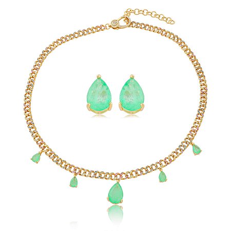 Conjunto luxo de brinco e colar cravejado de zircônia colorida com pedra fusion turmalina banho em ouro 18k