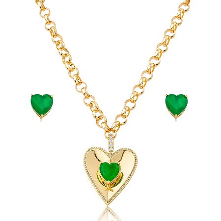 Conjunto de brinco e colar de coração com fusion esmeralda banho em ouro 18k