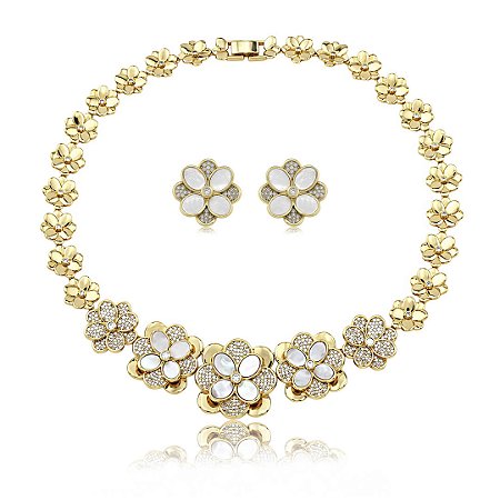 Conjunto luxo flor de brinco e colar cravejado de zircônia cristal com madre pérola banho em ouro 18k