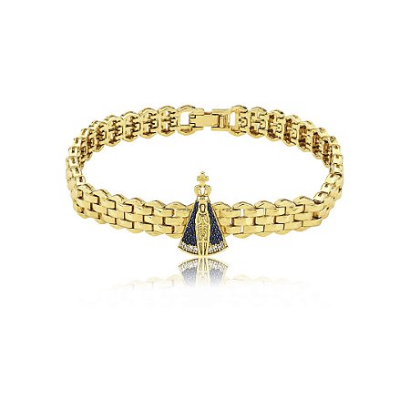 Pulseira dourada com detalhe cravejado de zircônia safira banho em ouro 18k