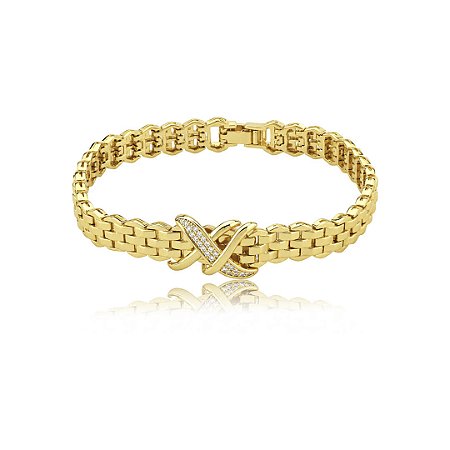 Pulseira dourada cravejado de zircônia cristal banho em ouro 18k