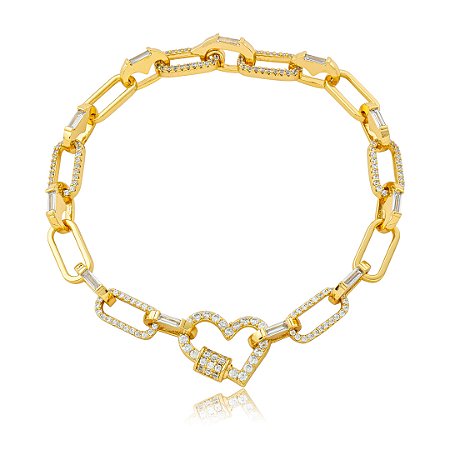 Pulseira de coração cravejado de zircônia cristal banho em ouro 18k