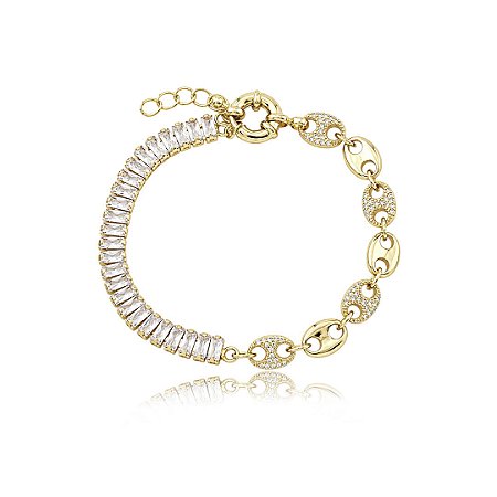 Pulseira dourada cravejada de zircônia cristal banho em ouro 18k