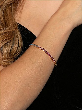 Pulseira riviera cravejada de zircônia colorida banho em ouro 18k