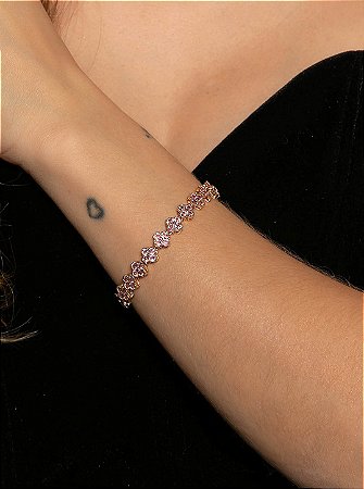 Pulseira riviera de flor cravejada de zircônia rodonita banho em ouro 18k