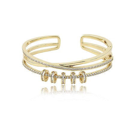 Bracelete dourado cravejado de zircônia cristal banho em ouro 18k