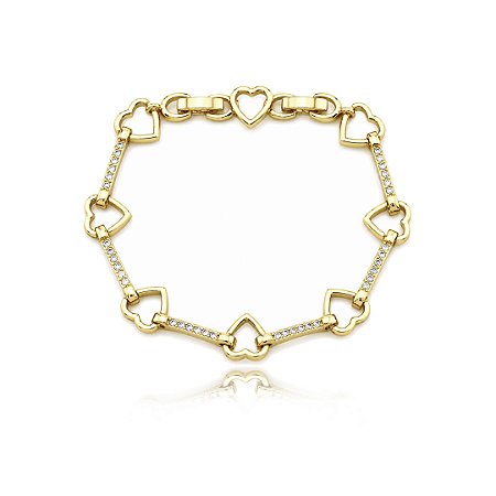 Pulseira de coração cravejada de zircônia cristal banho em Ouro 18k