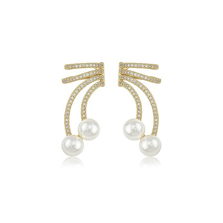 Brinco ear cuff cravejado de zircônia cristal com pérola shell banho em ouro 18k