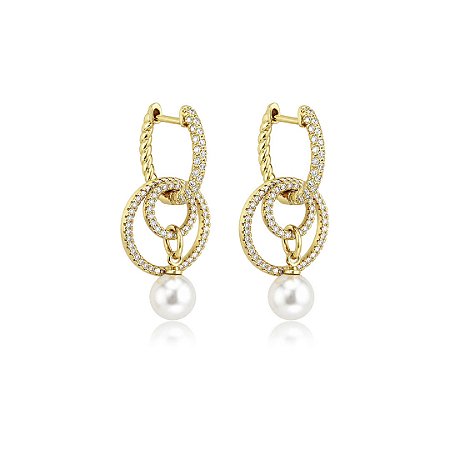 Brinco de argola cravejado de zircônia cristal com pérola shell banho em ouro 18k