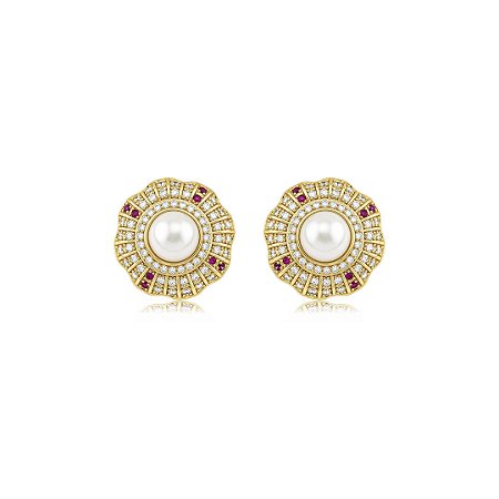 Brinco cravejado de zircônia cristal com pérola shell banho em ouro 18k