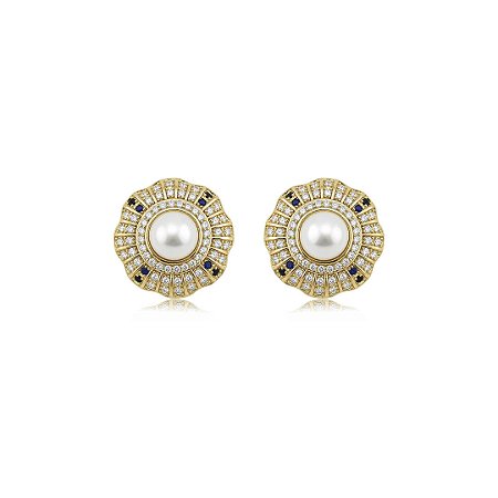 Brinco cravejado de zircônia cristal com pérola shell banho em ouro 18k