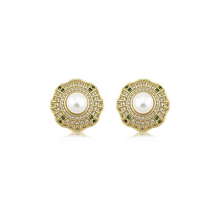 Brinco cravejado de zircônia cristal com pérola shell banho em ouro 18k
