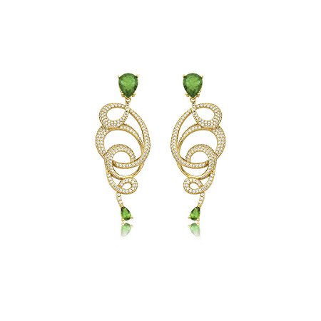 Brinco cravejado de zircônia cristal com pedra fusion esmeralda banho em ouro 18k