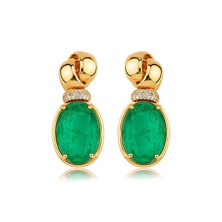 Brinco cravejado de zircônia cristal com pedra fusion esmeralda banho em ouro 18k