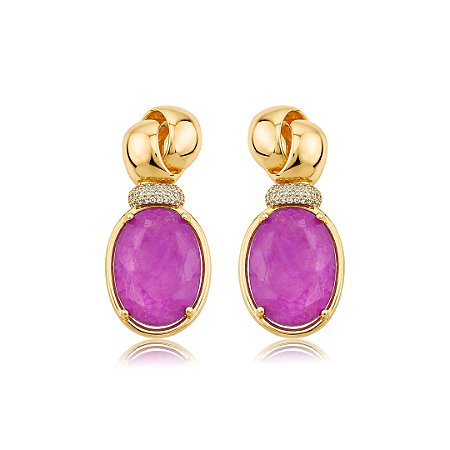 Brinco cravejado de zircônia cristal com pedra fusion fúcsia banho em ouro 18k