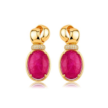 Brinco cravejado de zircônia cristal com pedra fusion rubelita banho em ouro 18k