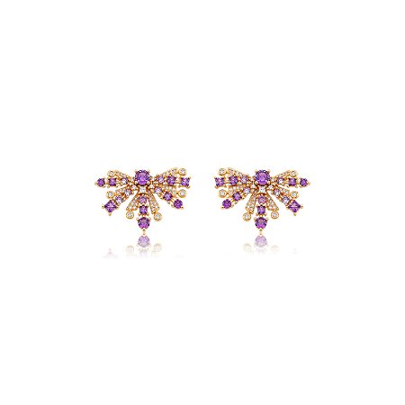 Brinco cravejado de zircônia ametista e cristal banho em ouro 18k