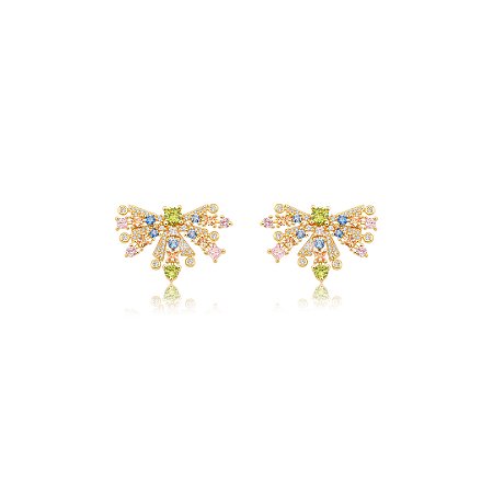 Brinco cravejado de zircônia colorida e cristal banho em ouro 18k