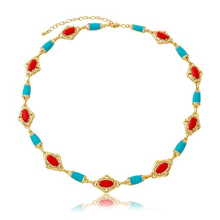 Colar com zircônia cristal e pedra rubi esmaltado banho em ouro 18k