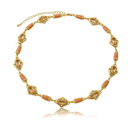 Colar com zircônia cristal e morganita esmaltado banho em ouro 18k