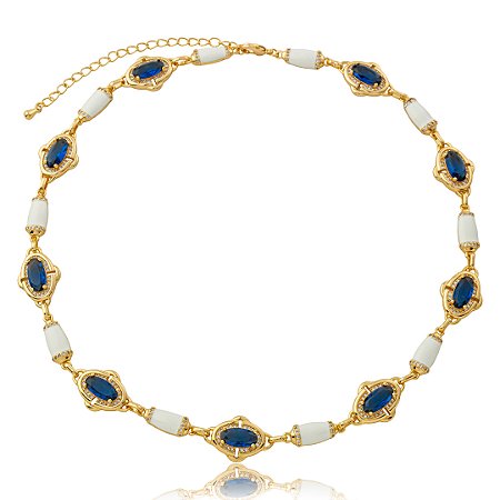 Colar com zircônia cristal e safira esmaltado banho em ouro 18k
