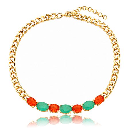Colar de corrente com zircônia coral e pedra fusion turmalina banho em ouro 18k
