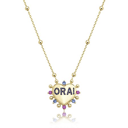 Colar com pingente de coração com zircônia colorida banho em ouro 18k