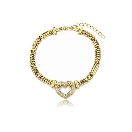 Tornozeleira de coração cravejada de zircônia cristal banho em ouro 18k