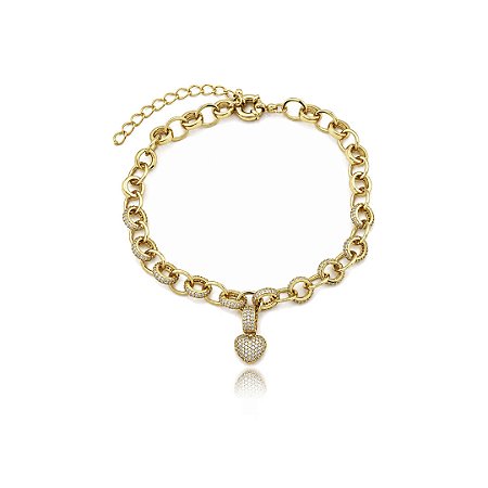 Tornozeleira de coração cravejada de zircônia cristal banho em ouro 18k