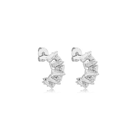Brinco de argola cravejado de zircônia cristal banho em ródio branco