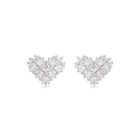 Brinco de coração cravejado de zircônia cristal banho em ródio branco
