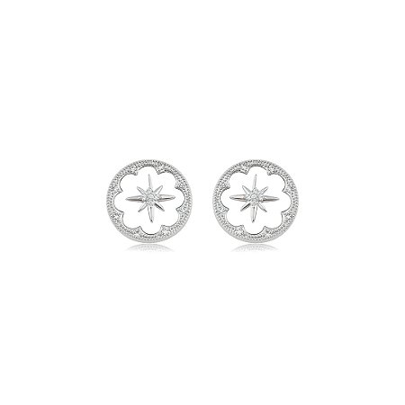 Brinco com detalhes cravejado de zircônia cristal e madre pérola banho em ródio branco